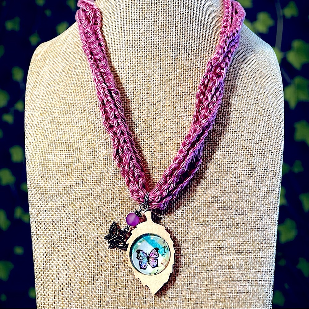 Handmade Crochet Butterfly Pendant Necklace Cottagecore